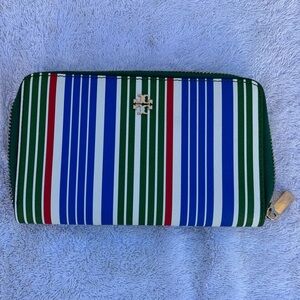 Tory Burch Green and Blue Striped Wallet